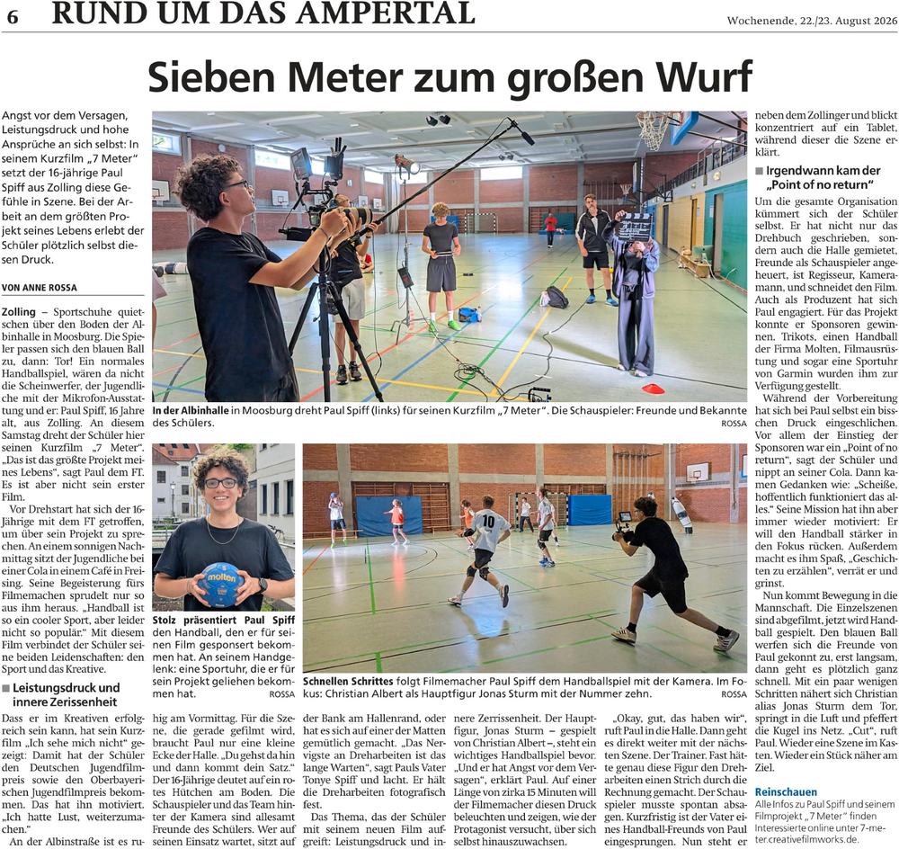 Zeitungsseite des Freisinger Tagblatts mit dem Artikel „Sieben Meter zum großen Wurf“